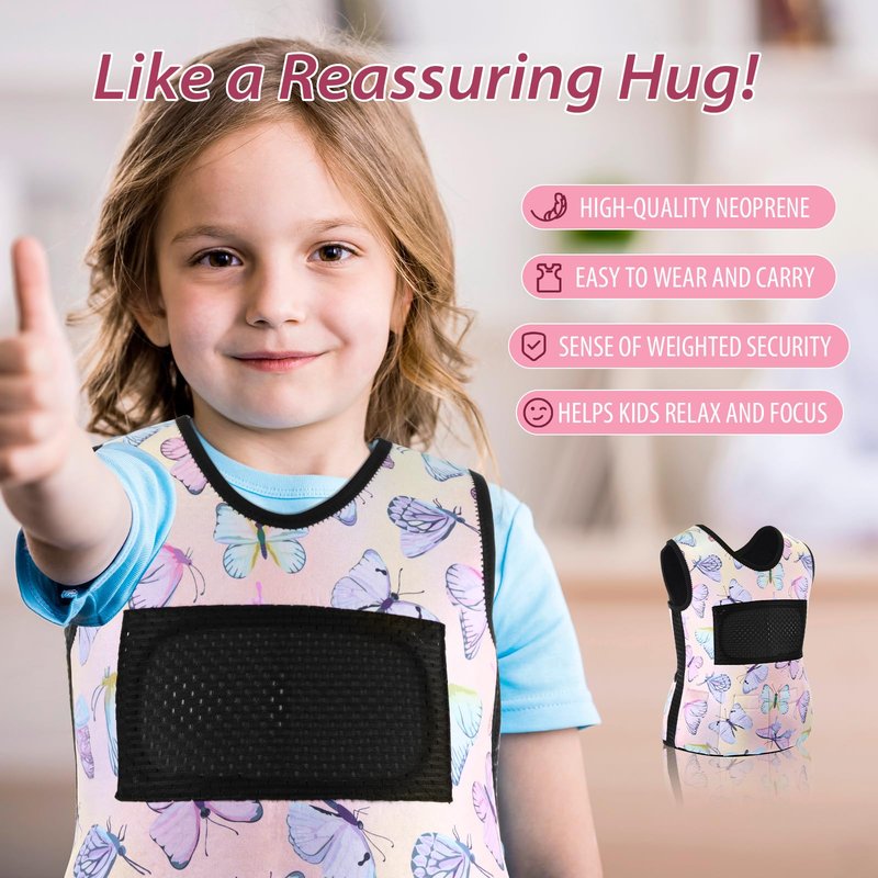Janmercy Weighted Vest for Kids Ages 4 to 7 and Ages 8+ Boy Girl Adjustable Breathable Compression Vest for Processing Issue(Butterfly,Small,Pink)