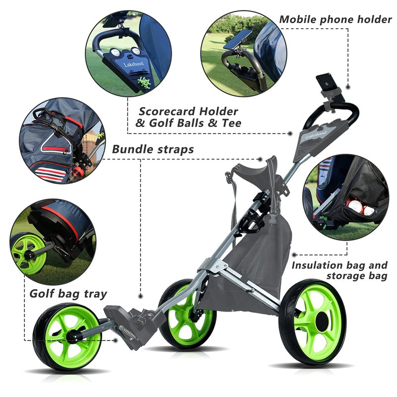 Lakehood Golf Push Cart, Golf Pull Cart for Golf Clubs and Golf Bag, Golf Push Carts Three Wheel Easy to Folding Scorecard Holder with Mobile Phone Holder Storage Bag Golf Carts (Green)