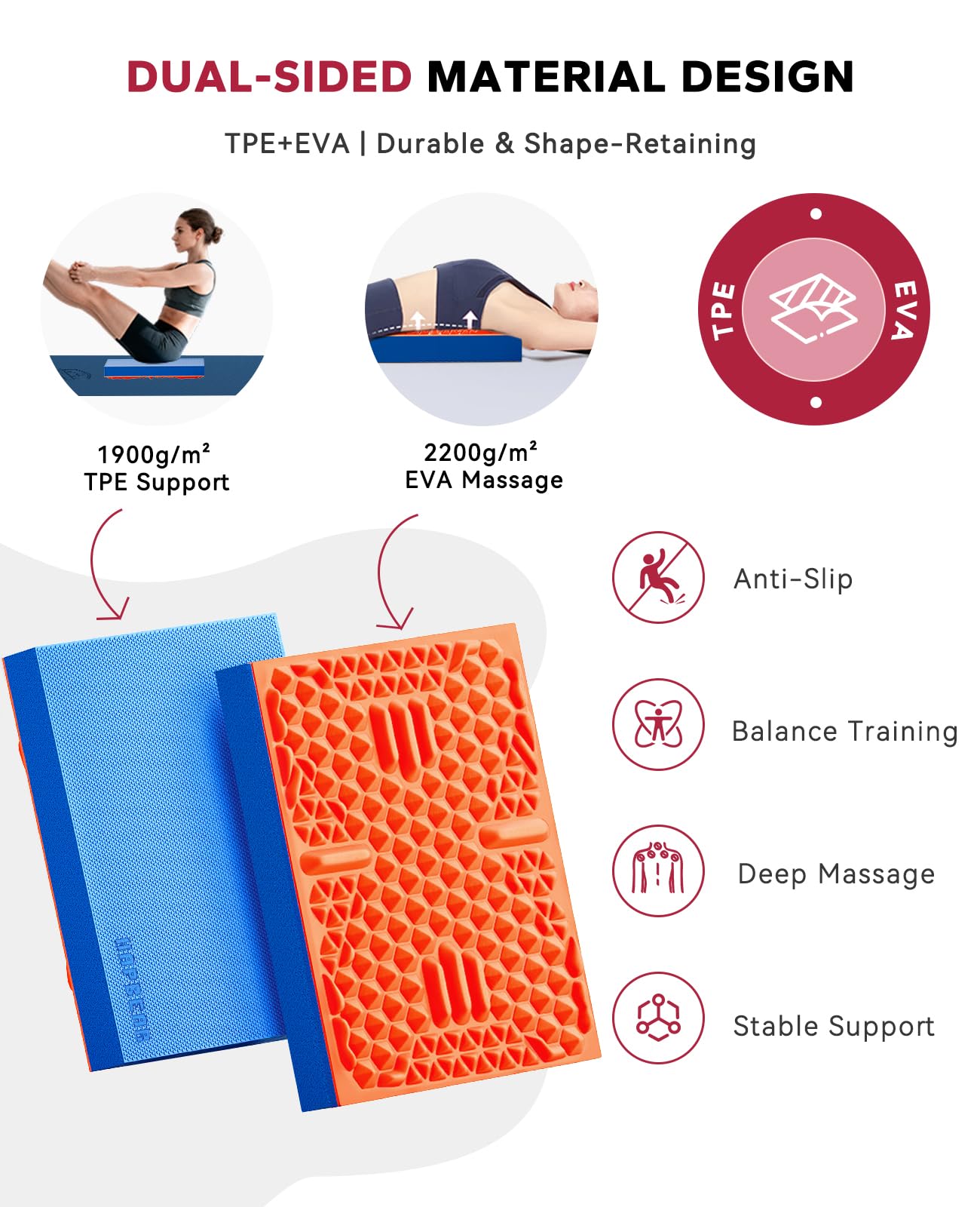 HAPBEAR Exercise Balance Pad - 15"x12" Non-Slip Textured Foam Balance Pad with 2-in-1 Stability & Massage - 2.2" Thick TPE Layer with Soft Cushioning + EVA Massage Layer for Physical Therapy, Core Training & Massage