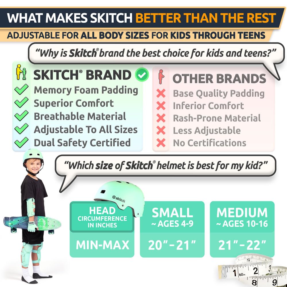 SKITCH Skateboard Helmet for Kids Teens with Premium Memory Foam Padding | Triple Certified Adjustable Protective Sport Head Gear Scooter Roller Skate Inline Skating Rollerblading | Rosy Pink (S)