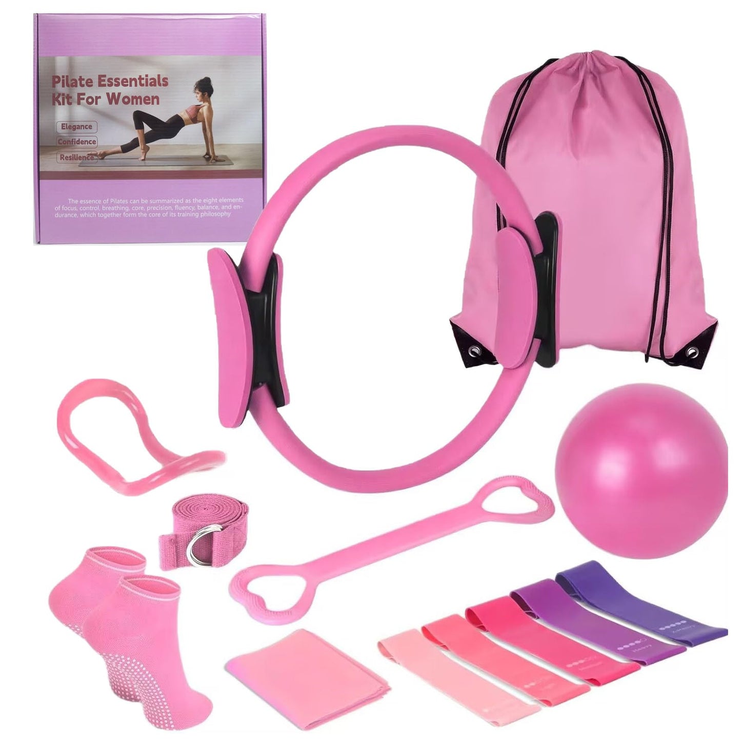 Women's Home Pink Global Pilates 13-Piece Basic Set, Home Pilates Fitness Equipment, Includes Resistance Bands, 14-Inch Magic Circle, Mini Ball, Pilates Strength, Shaping, and Flexibility Starter Kit.