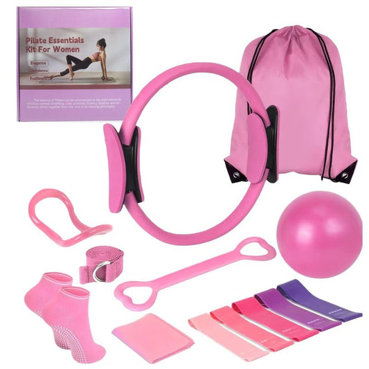 Women's Home Pink Global Pilates 13-Piece Basic Set, Home Pilates Fitness Equipment, Includes Resistance Bands, 14-Inch Magic Circle, Mini Ball, Pilates Strength, Shaping, and Flexibility Starter Kit.