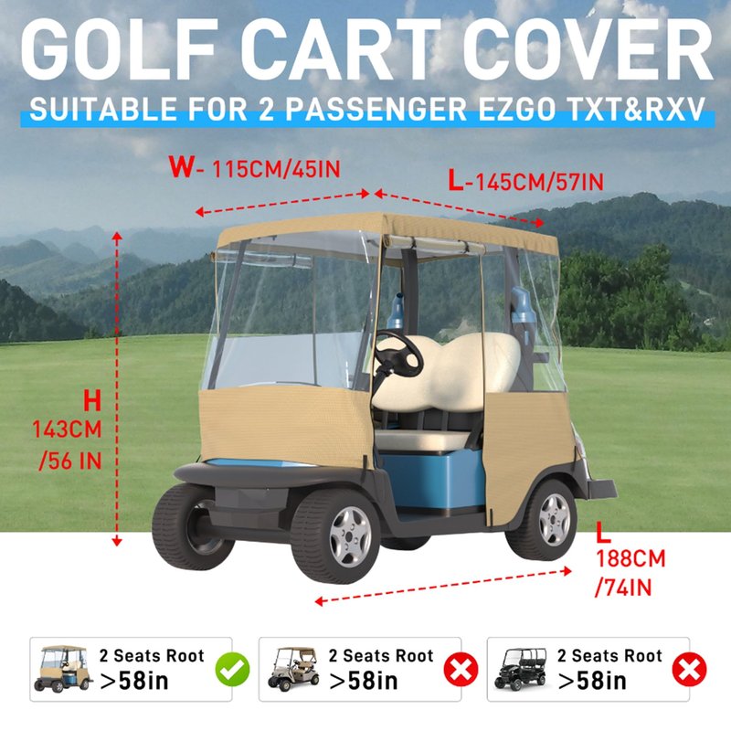 BENVOL Golf Cart Cover 2 Seater Drivable Enclosure - Fits Club Car Precedent, Tempo & EZGO TXT (Roof Up to 58") - 900D Heavy Duty Khaki Waterproof Rain Cover with 0.5mm Clear Vinyl Windows