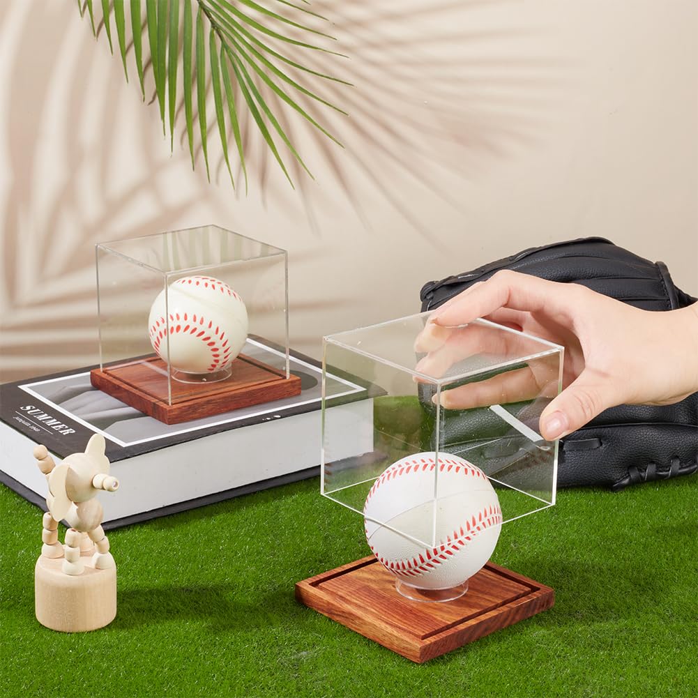 PH PandaHall 2PCS Baseball Display Case Clear Actylic Display Box Cube Tennis Ball Holder Stand Single Ball Showcase with Brown Wood Base and Ring for Memorabilia and Autographed Balls