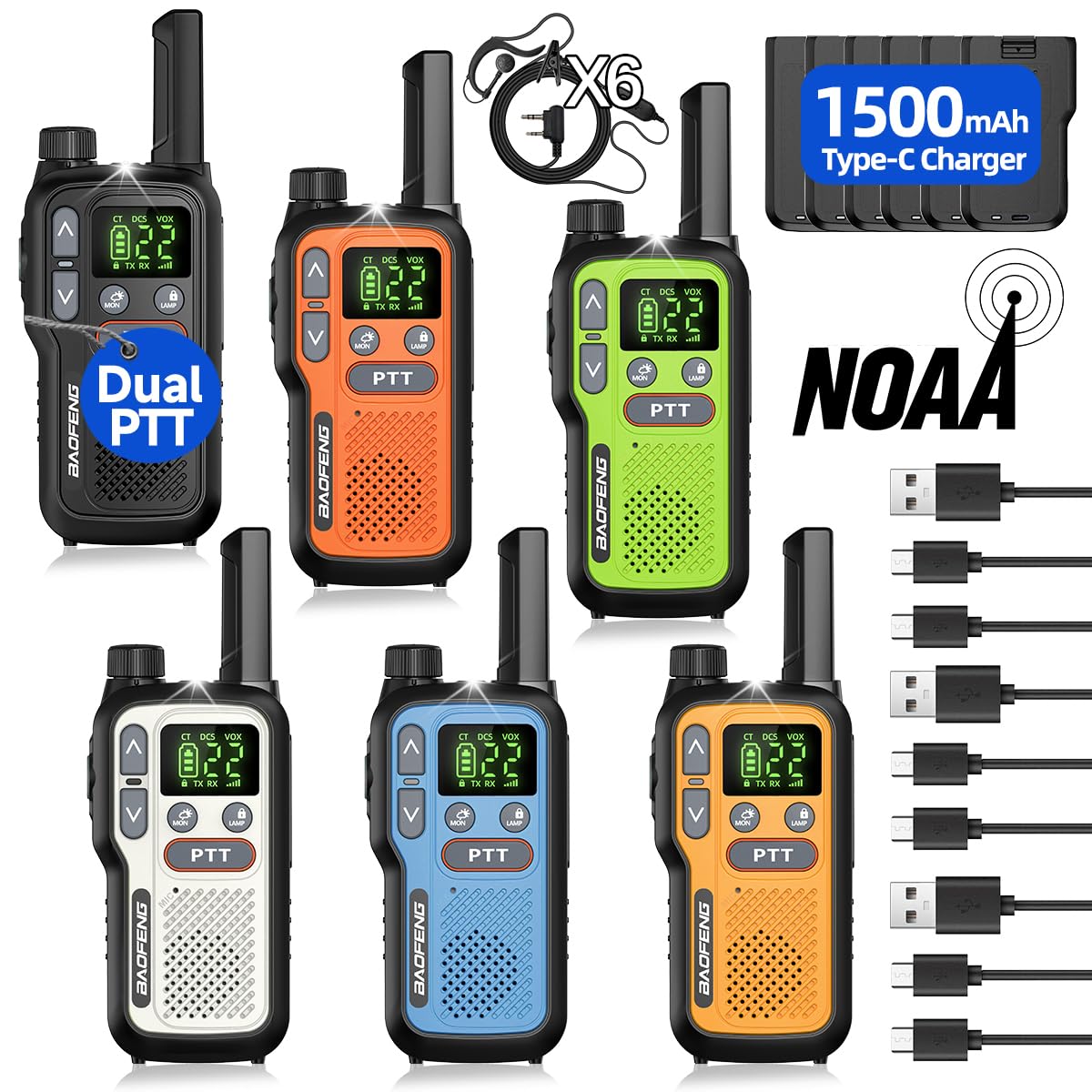 Walkie Talkies 6 Pack Long Range for Adults, Rechargeable FRS Cruise Walkie Talkies with Earpiece, Portable NOAA Emergency 2 Way Radios with 1500mAh, Flashlight, USB-C Charger for Family Camping