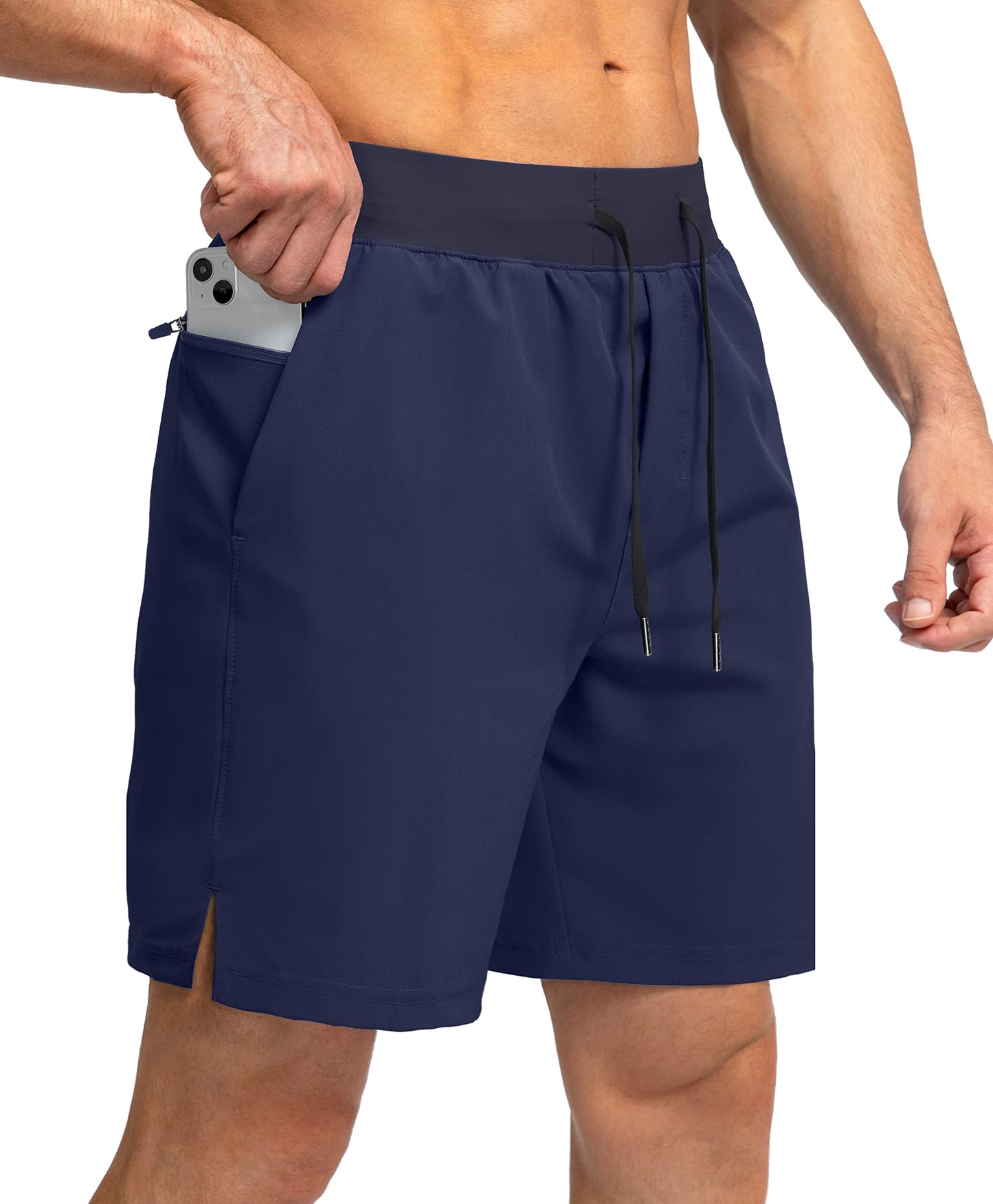 Soothfeel Men's Running Shorts with Zipper Pockets 7 Inch Lightweight Quick Dry Gym Athletic Workout Shorts for Men (Navy, S)