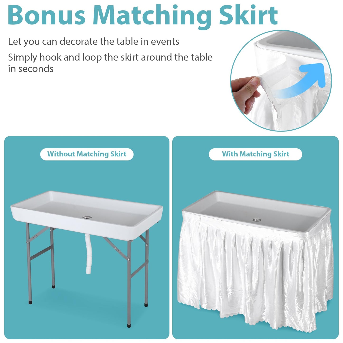 HomGarden Ice Cooler Folding Table with Removable Matching Skirt & Drain Hose, Ice Table for Food Beverage Cooling Indoor Outdoor Wedding Party Camping BBQ