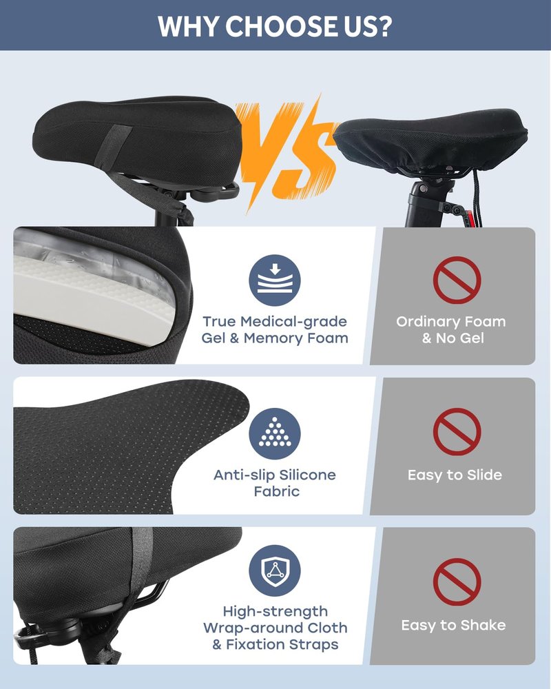 Bike Seat Cushion, Comfortable Bicycle Saddle Cover for Indoor and Outdoor Cycling, Padded Gel Cover for Exercise, Mountain & Road Bikes, Universal Fit for Peloton & Stationary Bikes (Black-S)