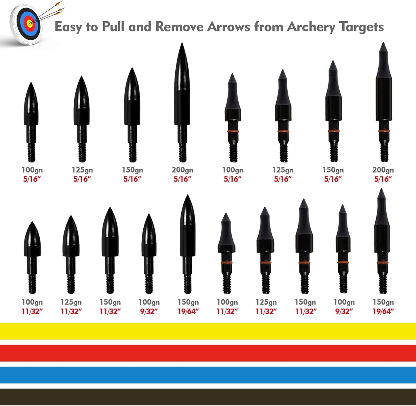 Archery Arrow Tips - 12pcs 100/125/150/200 Grain Field Points | 5/16 Inch Screw-in for Recurve & Compound Bows