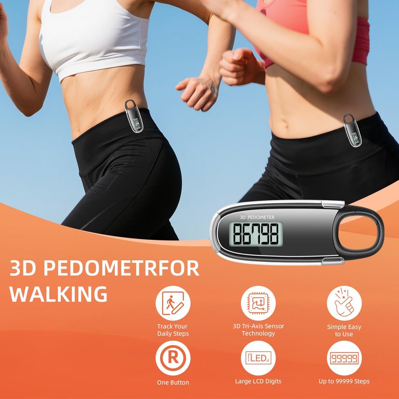 Simple Step Counter Walking 3D Pedometer with Clip & Lanyard, Step Counter with LCD Display, Clip and Lanyard (White)