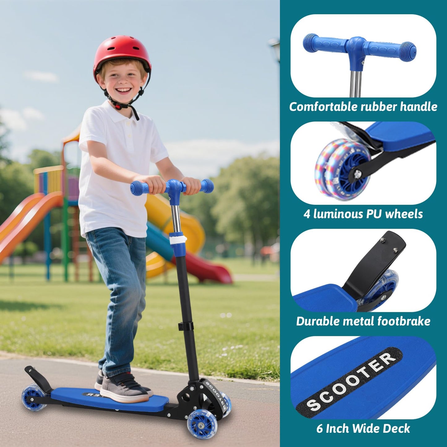 3 Wheel Scooter for Kids Ages 3-12, Lean-to-Steer Kids Kick Scooter with LED Light-Up Wheels, 3 Adjustable Heights, Foldable Design, 6" Extra Wide Deck for Boys and Girls Toy Gift -Blue