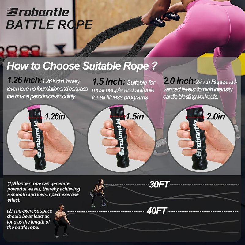 Battle Rope - Heavy Duty 1.5 Inch Diameter | 30FT/40FT/50FT Pink Exercise Ropes for Home Gym Workouts