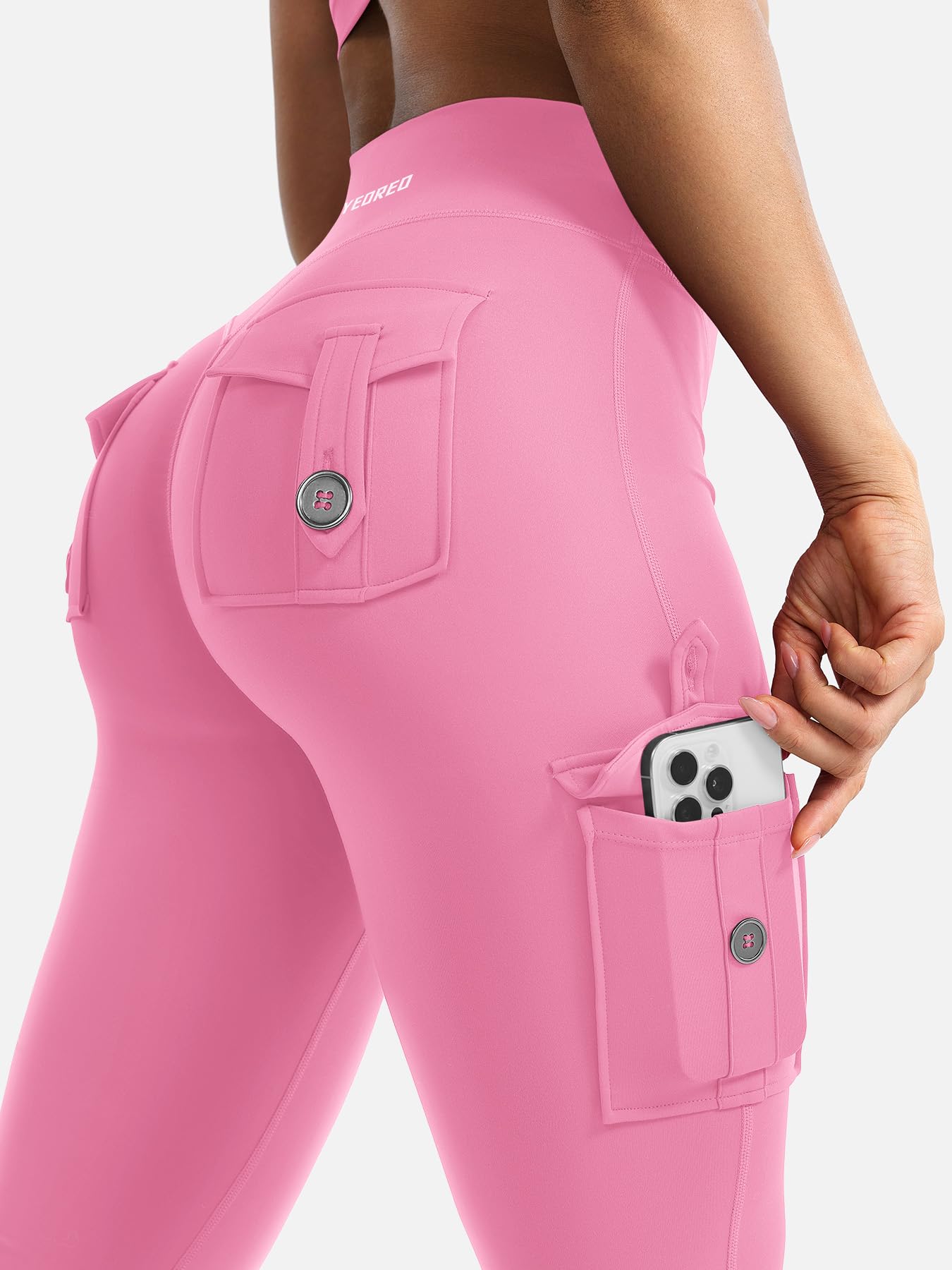 YEOREO CoreFlex Women Workout Flare Leggings with Pockets Hidden Scrunch Cargo Gym Yoga No Front Seam Leggings Pink XL