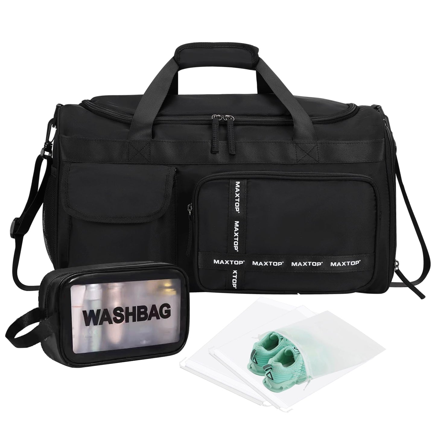 MAXTOP Large Gym Bag for Men Women with Shoe Compartment Wet Dry Separation Black Carry on Duffle Bag for Travel Sports Yoga Fitness Weekend Outdoor Activities