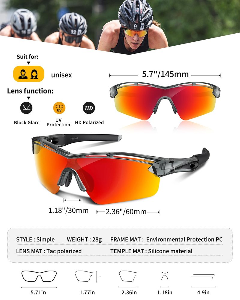 Rosemal Sports Sunglasses Polarized Cycling Sunglasses Running Driving Fishing Hiking for Men Women UV400 TAC TR90