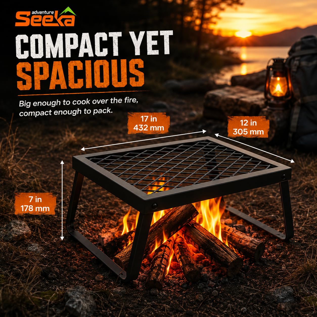 Adventure Seeka Folding Campfire Grill – Portable Over-Fire Grill with Food-Safe Coating, Heavy Duty Steel, Compact with Folding Legs - Camping, RV, Overlanding, Fire Pits