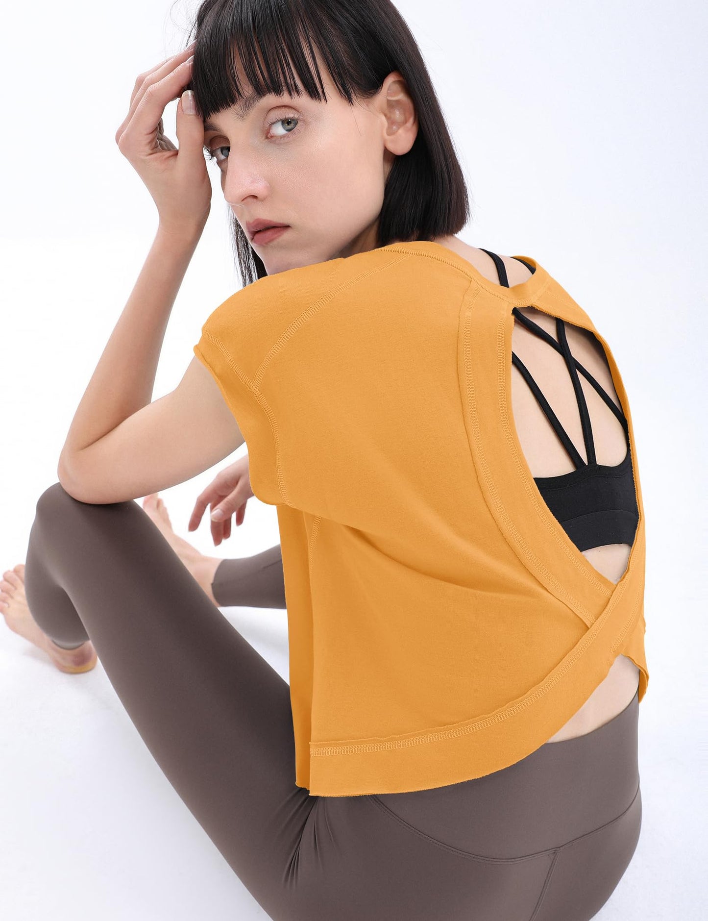 Loovoo Women's Crop Tops Workout Tshirt for Women Open Back Gym Athletic Tee Shirt Trendy Short Sleeve Shirts Cute Womens Boutique Top Orange S