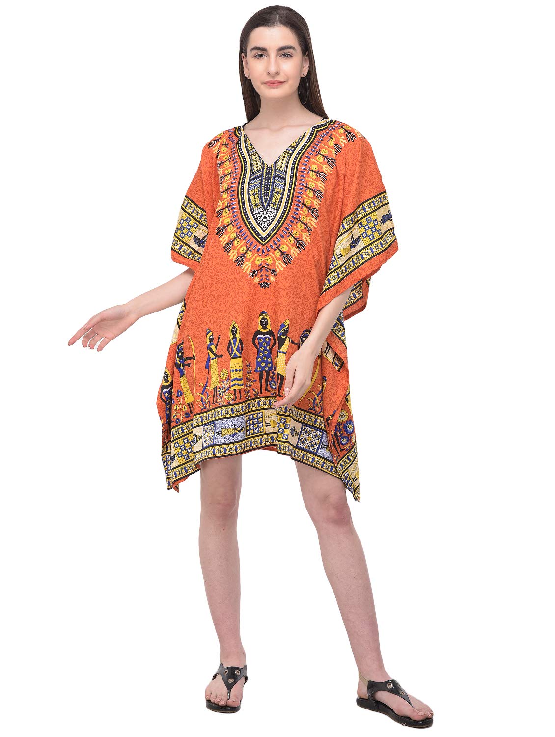 Gypsie Blu African Dashiki Caftan Tunic Tops Kimono Dress Summer Evening Plus Size Kaftan Cover-Up for Women (Orange Dashiki Tunic Dress)