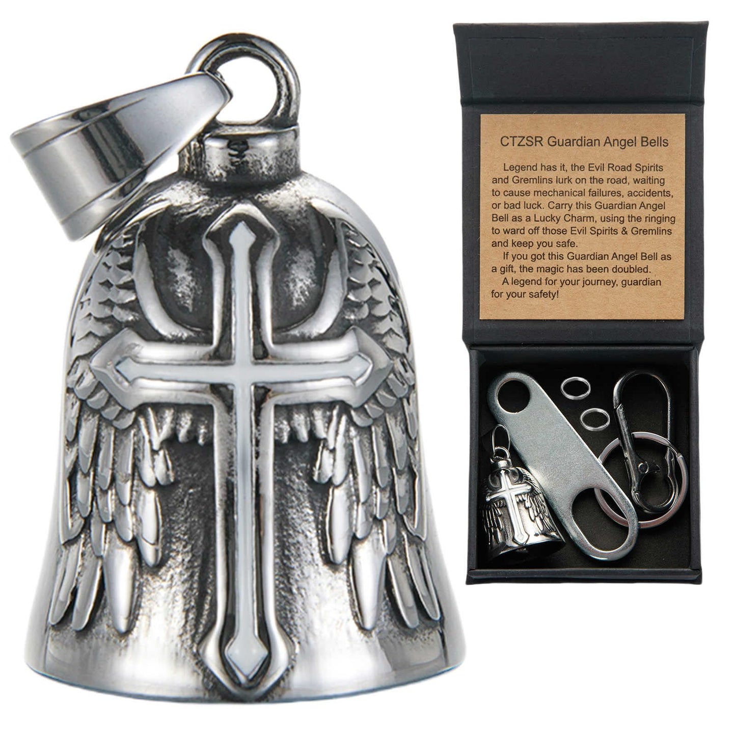 CTZSR Motorcycle Bell Guardian Angel - Good Luck Charm Gift For Rider Men Kids Friends With Gift Box, Legend Card, Keychain And Hanger & Weather-resistant Gremlin Bells For Bike Car (White)