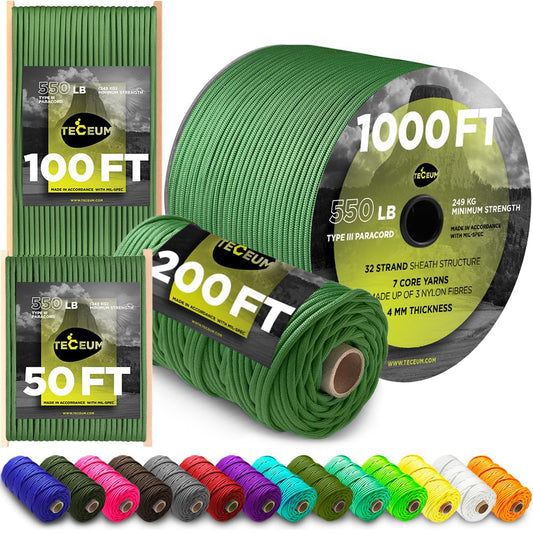 TECEUM Paracord Type III 550 Moss – 50 ft – 4mm – Tactical Rope MIL-SPEC – Outdoor Para Cord –Camping Hiking Fishing Gear and Equipment – EDC Parachute Cord – Strong Survival Rope 331