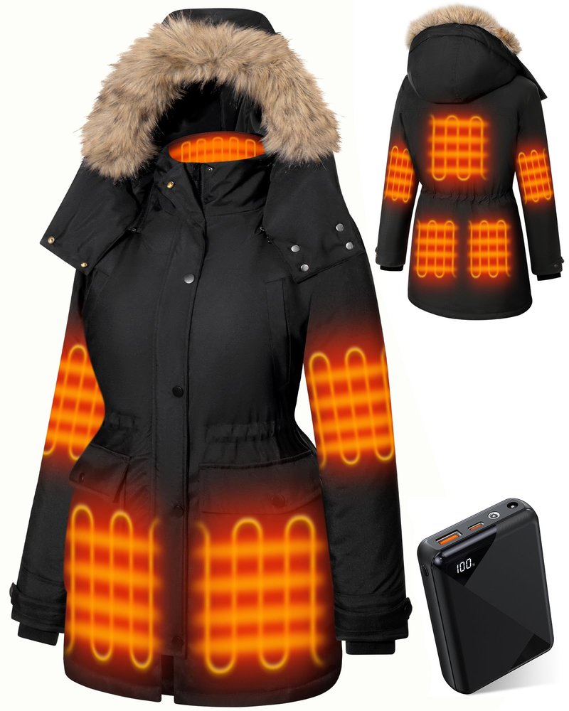 Hecusma Heated Jackets for Women with 18400mAh 12V Battery Pack Included, Parka Womens Heated Jacket with Hood Skating-Black, M