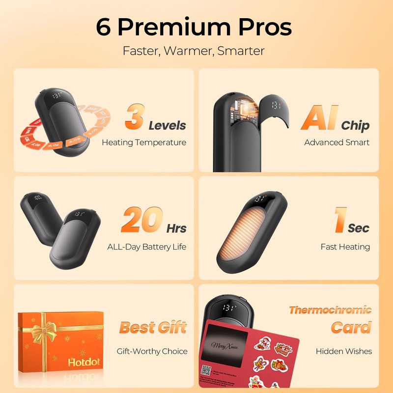 Hotdot Rechargeable Hand Warmers Box, LED Display Real-Time Battery and Temperature, 4 Pack Portable Electric Hand Warmer, Men Women Gifts for Christmas, Hunting, Camping