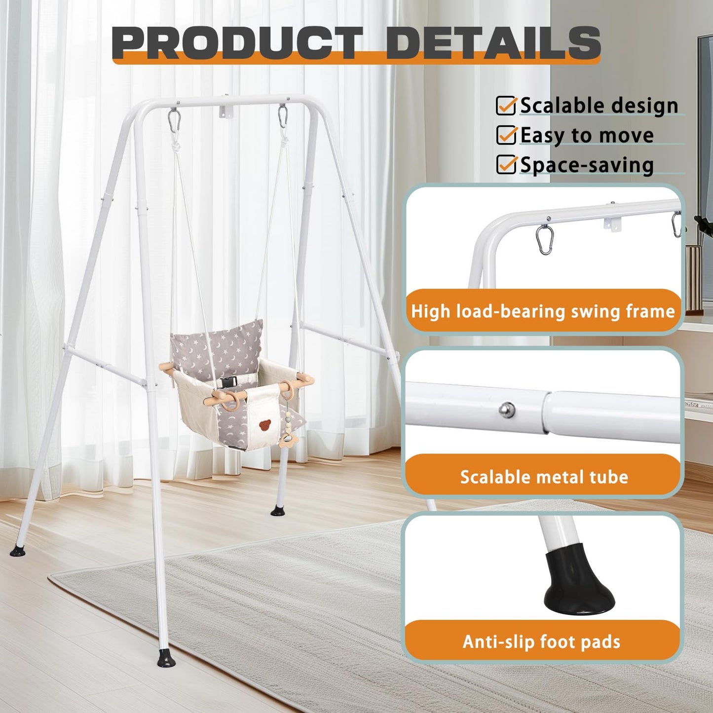Baby Swing with Stand, Swing Set for Infant, Outdoor Indoor Swing Set with Canvas Cushion Seat (White)