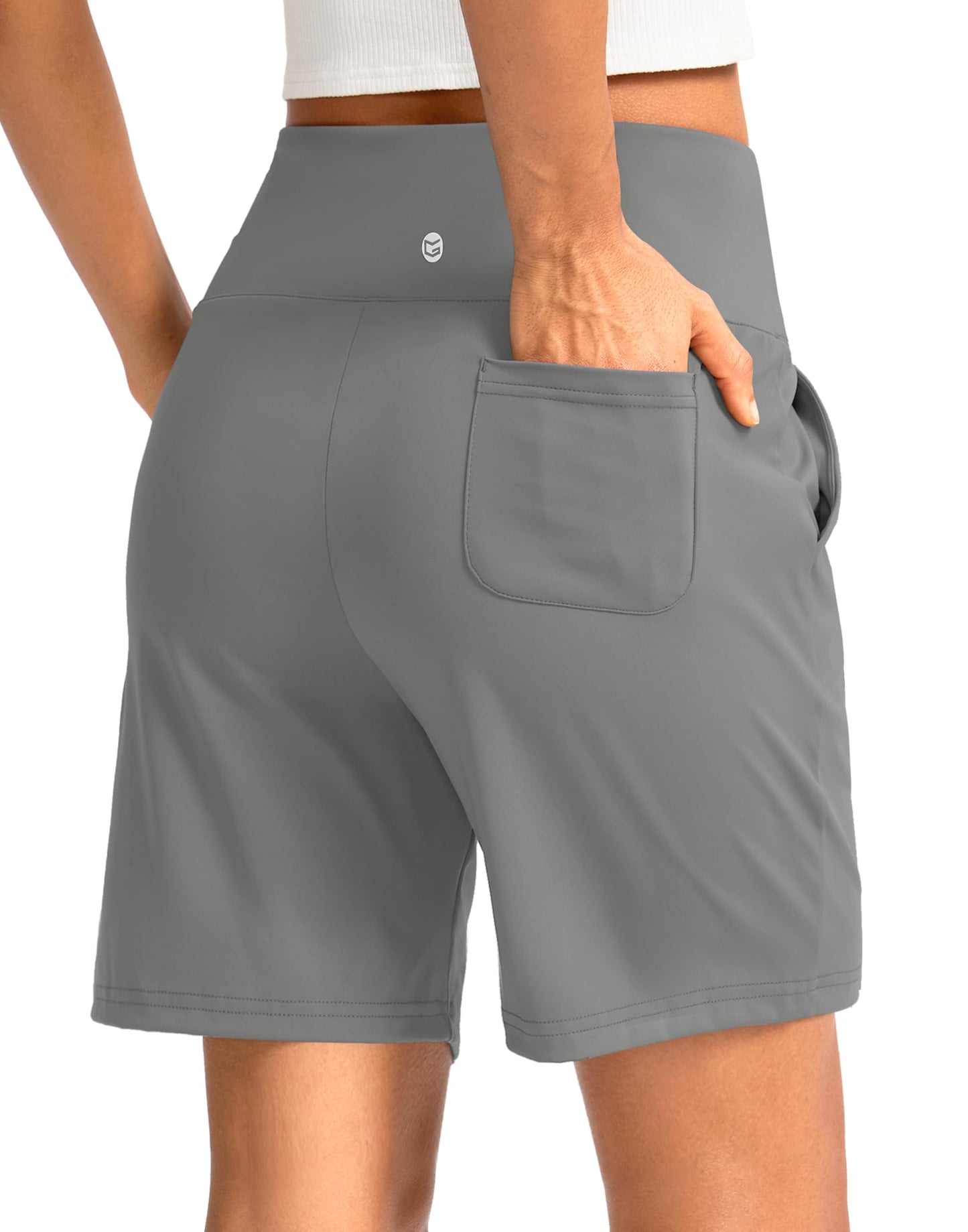 G Gradual Women's Bermuda Long Shorts with Pockets 7" High Waisted Knee Length Shorts for Women Walking Athletic Workout(Light Grey-L7,XL)