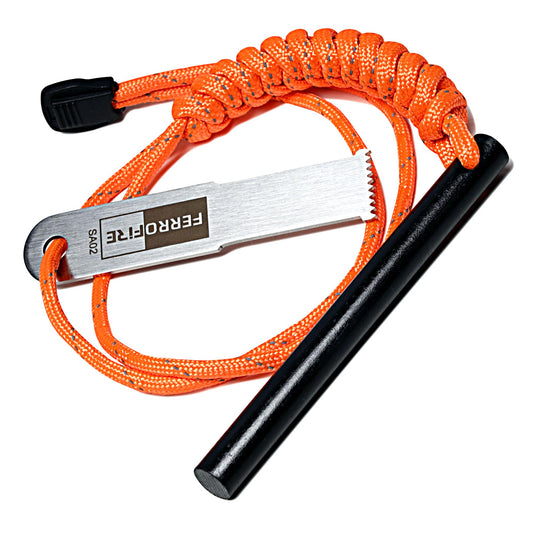 FERROFIRE FS384 Classic Ferro Rod Fire Starter with 3/8 Inch x 4 Inch Ferrocerium Rod Magnesium Flint and Steel Ferro Rod Striker 550 Paracord Lanyard Handle for Camping Emergency Survival Hiking BBQ