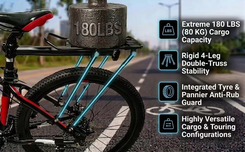 COMINGFIT 2026 Upgraded Bicycle Cargo Rack, 180lbs Heavy Duty Bike Rear Rack, 4-Leg Double Strength, 2.0mm Thickened Universal for MTB Road City Kids Fat Tire Bike (3.5"), with Anti-Rub Guards