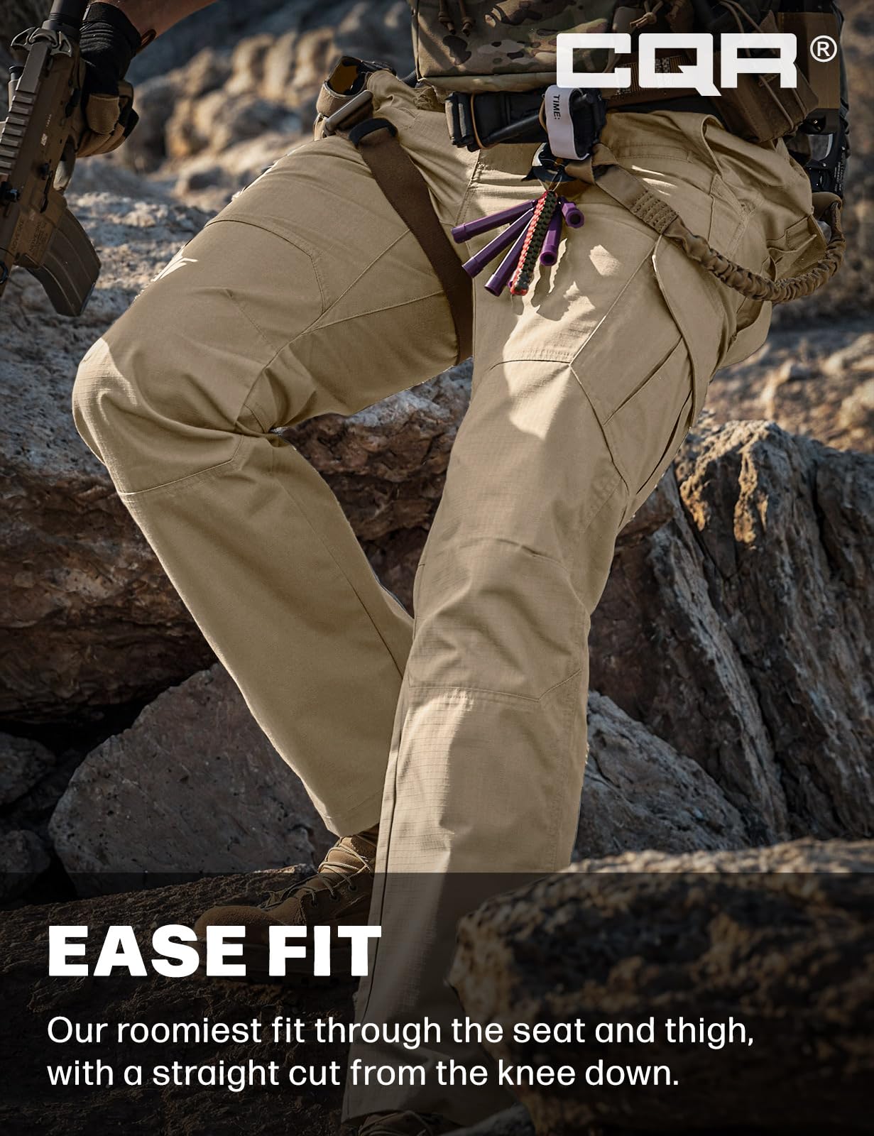 CQR Men's Tactical Pants, Water Resistant Ripstop Cargo Pants, Lightweight EDC Work Hiking Pants, Outdoor Apparel, Raider Khaki, 44W x 32L