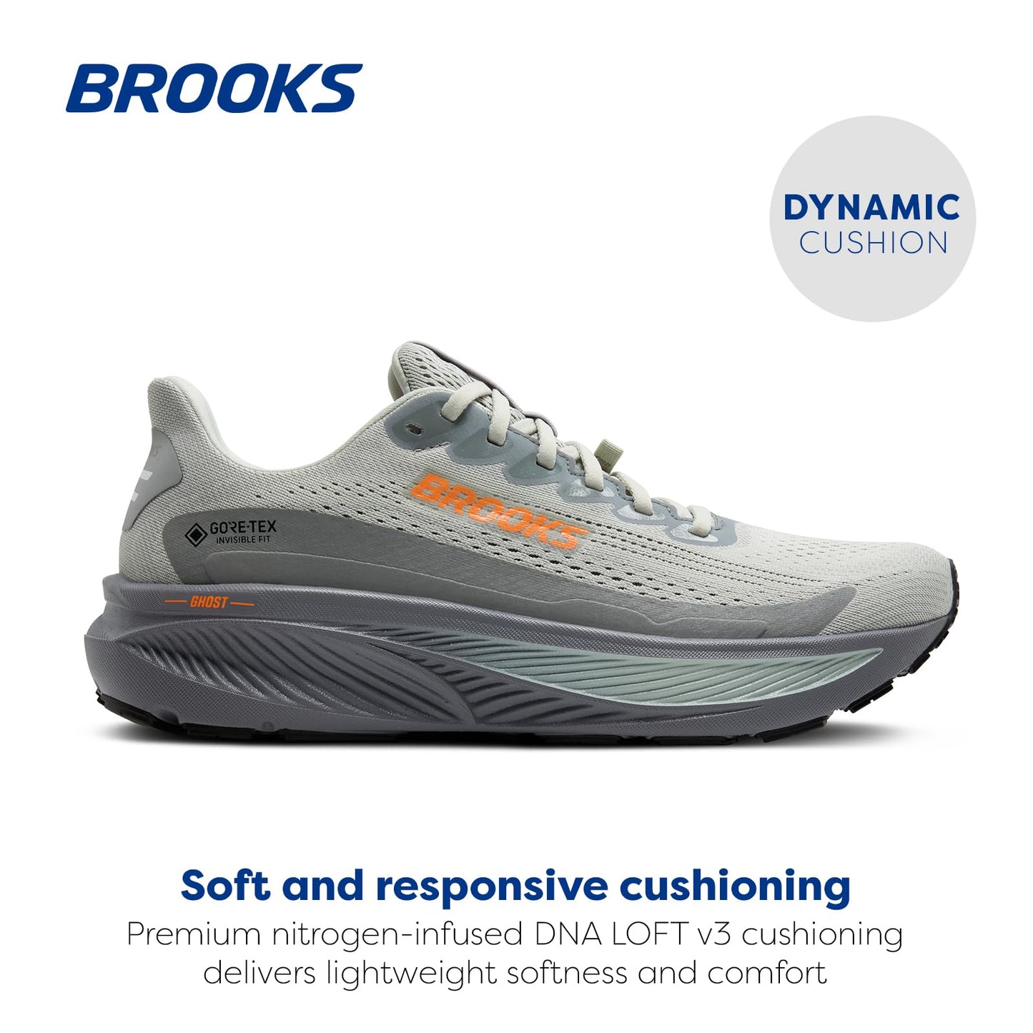 Brooks Men’s Ghost 17 GTX Waterproof Supportive Running & Walking Shoe - Smoke/Primer Grey/Orange - 9.5 Medium