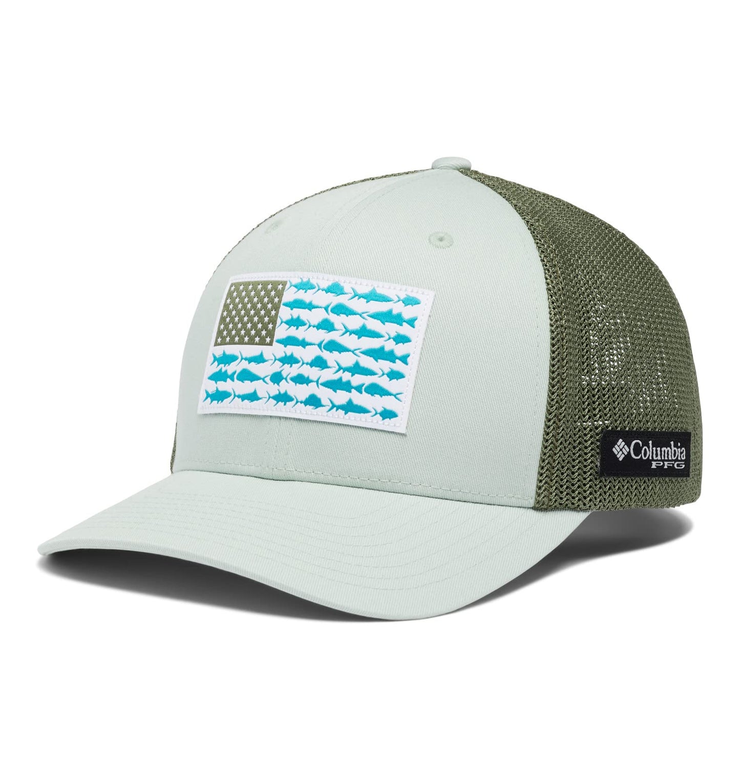 Columbia Unisex PFG Fish Flag Mesh Ball Cap - Low, Cool Green/Mosstone/US Fish Flag, Large/X-Large