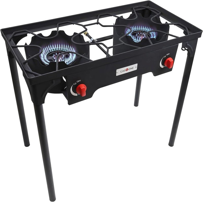 Gas One B-4545A Propane Double Burner Two Burner Camp Stove Outdoor High Pressure Propane 2 Burner Adjustable PSI Regulator and 4ft Hose With Removable Legs