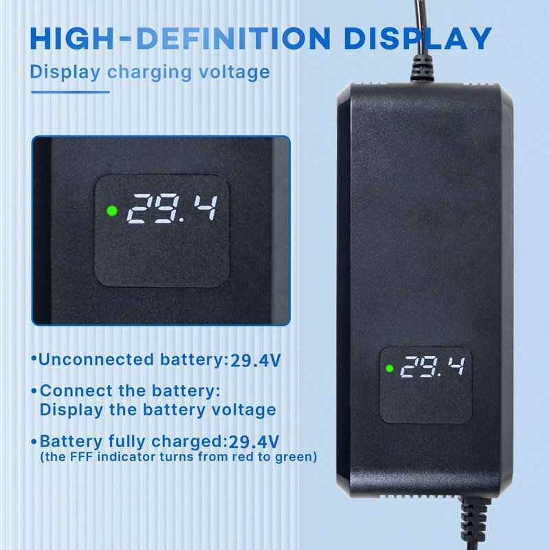 YZPOWER 29.4V 5Amp Lithium Battery Charger 3 Pin XLR Connector for 24V 25.2V Li-ion Batteries Pack,24V Smart Power Suppluy Fast Charging with Display Built-in Fan