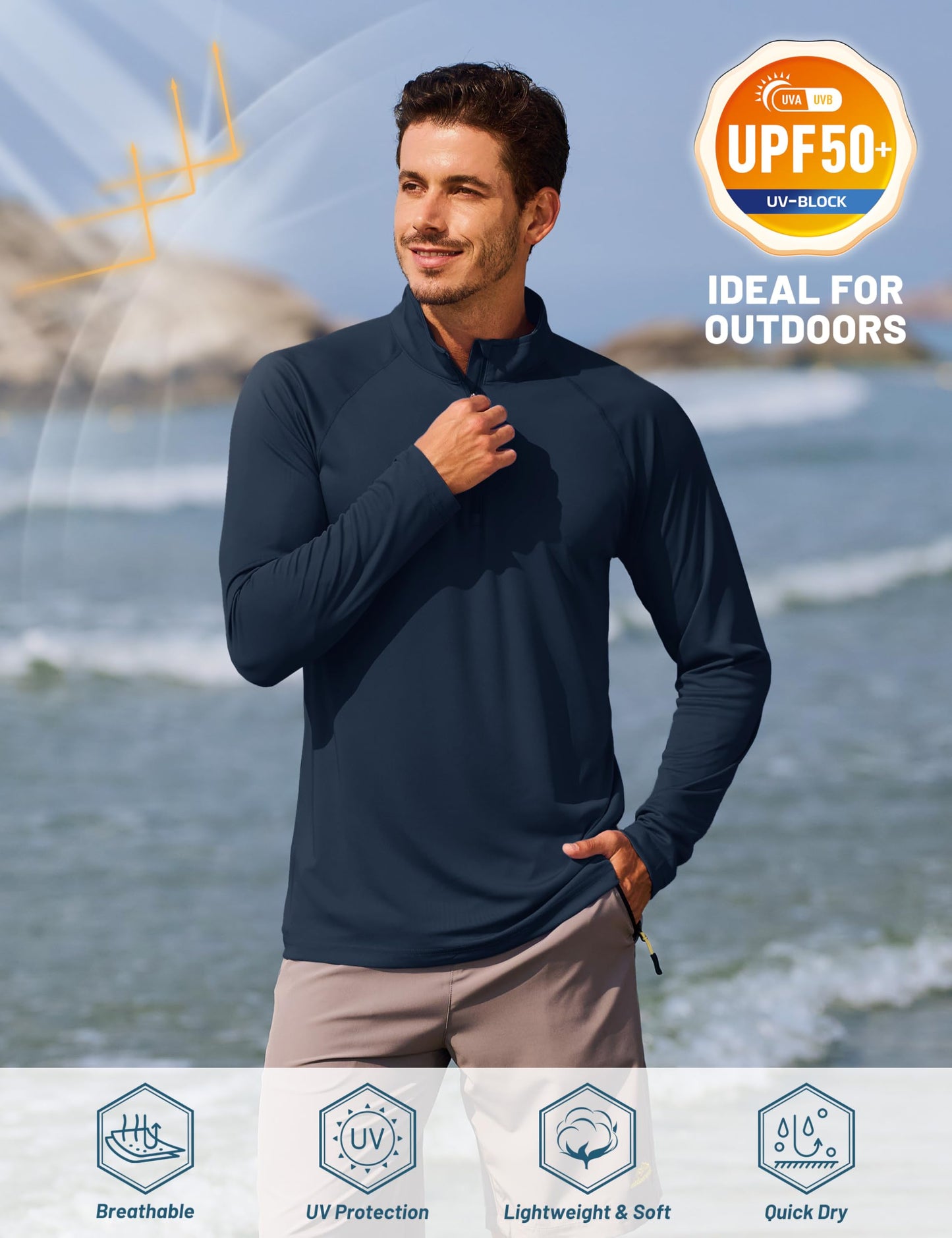 TACVASEN Long Sleeve Shirts for Men 1/4 Zip Pullover Sun Protection Athletic Running Workout Summer UV Shirts Navy L