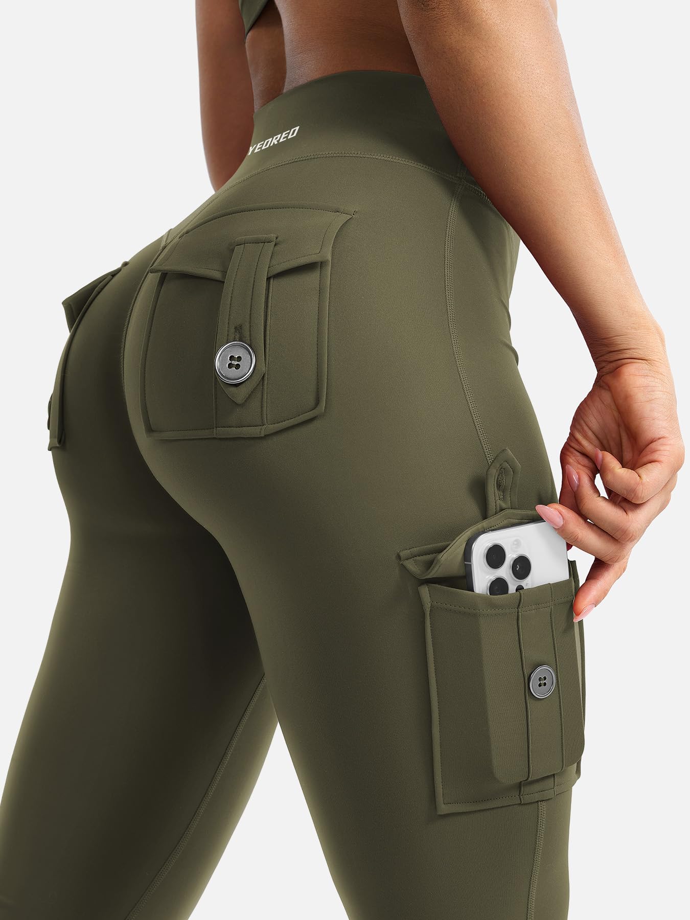YEOREO CoreFlex Women Workout Flare Leggings with Pockets Hidden Scrunch High Waisted Cargo Gym Yoga Leggings Army Green M