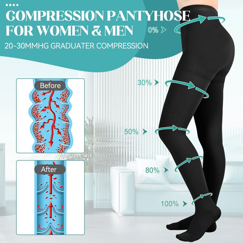 Wegitcs Compression Pantyhose for Women & Men, 20-30mmHg Graduated Compression Leggings Closed Toe, Waist High Medical Compression Stockings for Treatment Varicose Veins Swelling, (Black, X-Large)