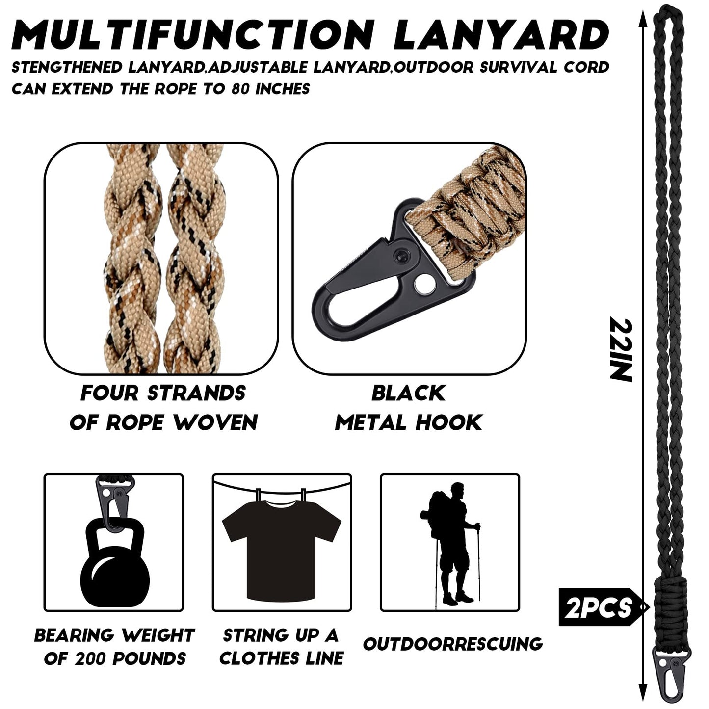 Frienda 2 Set Heavy Duty Paracord Lanyard Necklace Whistles Strap Braided 550 Keychain Lanyard for Outdoor Activities (Black, Camouflage)