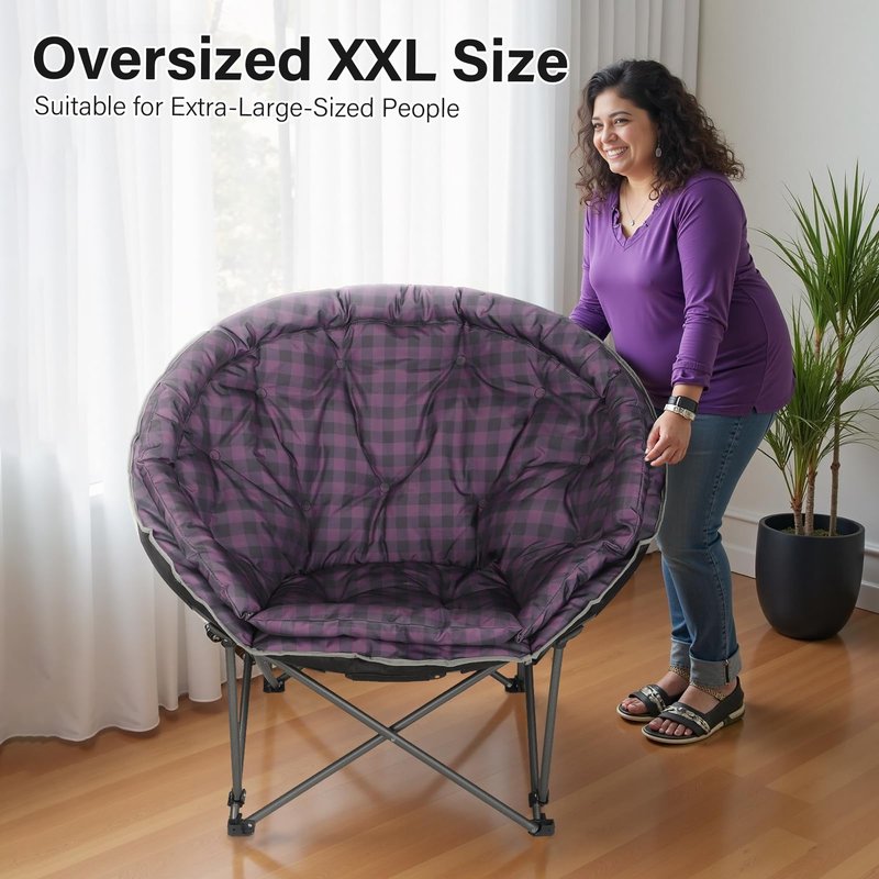 Oversized XXL Folding Round Camping Chairs,Comfy Padded Moon Camp Chairs,Heavy Duty Supports 400 Lbs Outdoor Lawn Chairs for Adults,Perfect for Indoor,Family Hiking,Picnics and Garden,Purple Plaid
