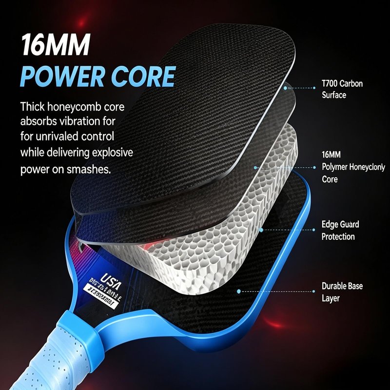LEATOU T700 Carbon Fiber Pickleball Paddle - Professional Thermoformed Surface, 16mm Honeycomb Core for Max Power & Spin - USAPA Standard, High Performance Clearance Deal (Black/Blue)