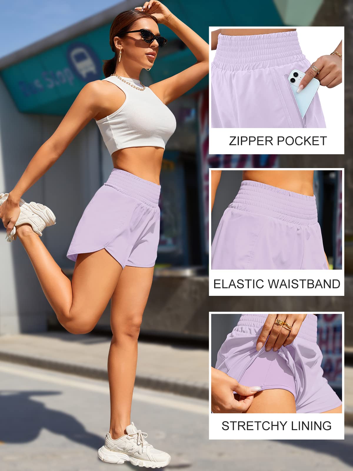 BMJL Women's Athletic Shorts High Waisted Running Short Pocket 2.5" Sporty Shorts Gym Elastic Workout Shorts(L,Violet)