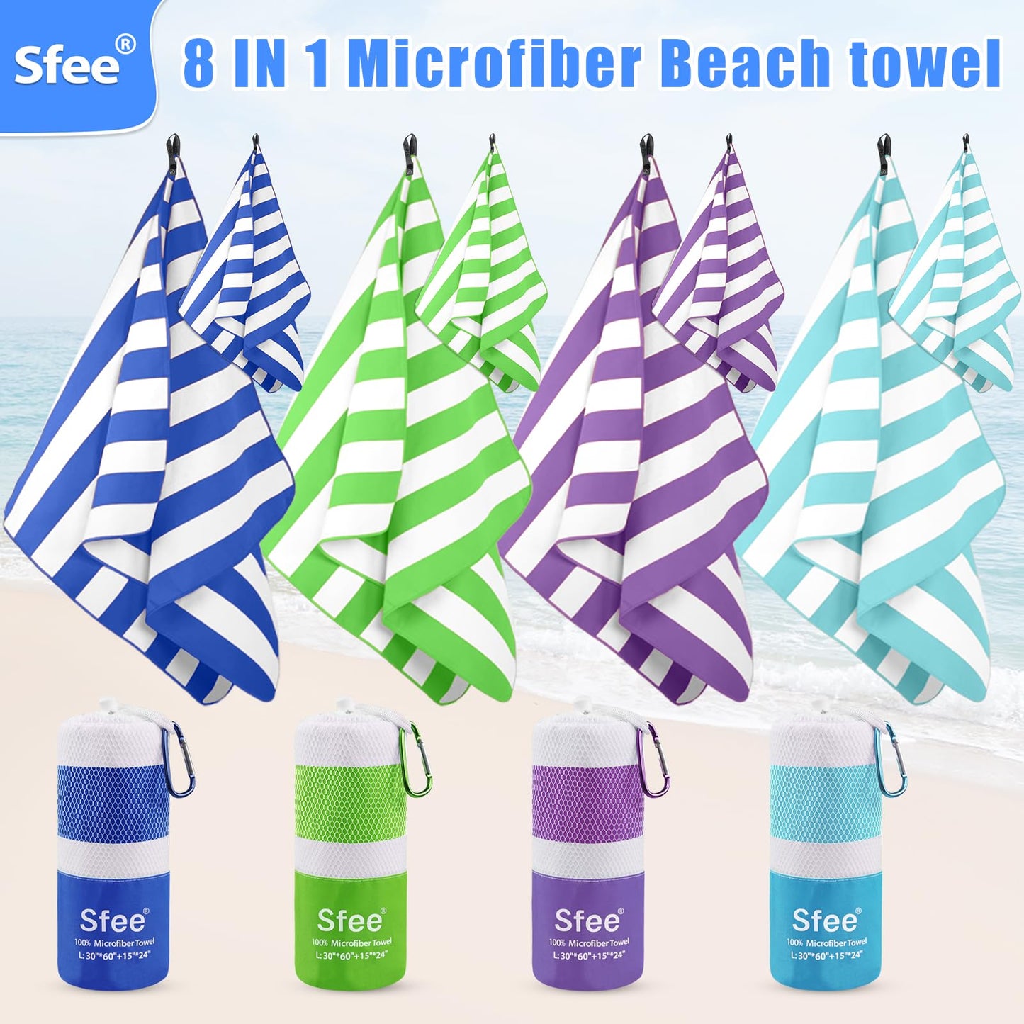 Sfee 4 Pack Microfiber Travel Towel, Beach Towel Quick Dry Towel Camping Towel Super Absorbent Compact Lightweight Sports Towel Gym Towel Set for Beach, Gym, Hiking, Pool, Backpacking, Bath, Yoga