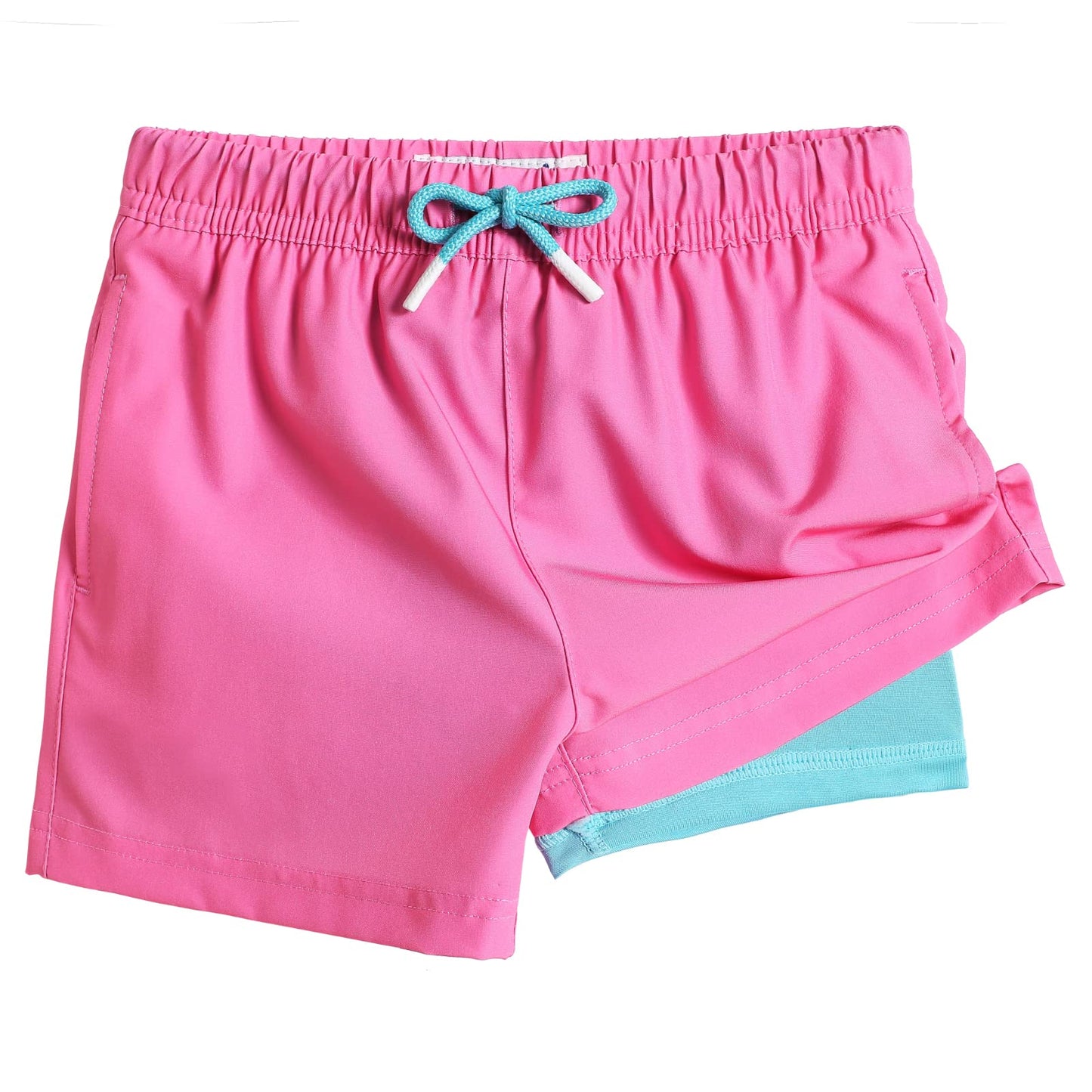 maamgic Boys Swim Trunks with Compression Liner Toddler Stretch Swim Shorts Quick Dry Swimming Trunks Boxer Brief 2 in 1 Beach Shorts Pink Lake Blue 5/6