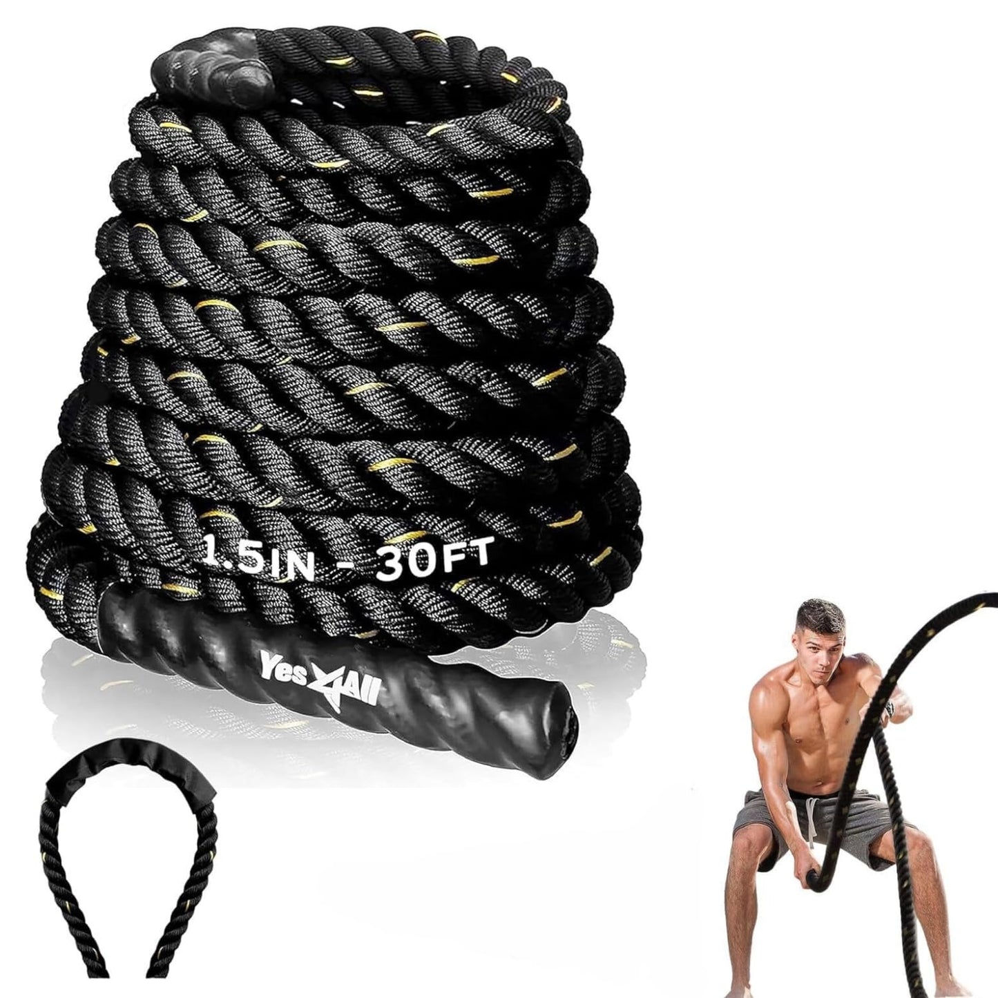 Yes4All 2 Inch Battle Ropes with Protective Sleeve, Workout Ropes for Cross-Training Home Gym & Fitness Exercises, Strength Training - 50 Feet Lengths Available