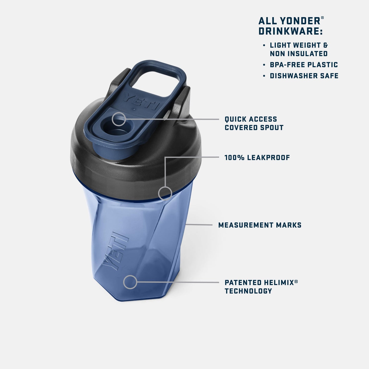 YETI Yonder Helimix Vortex Blender Shaker Bottle Holds up to 20oz | No Blending Ball or Whisk | USA Made | Portable Pre Workout Whey Protein Drink Shaker Cup | Dishwasher Safe, Navy