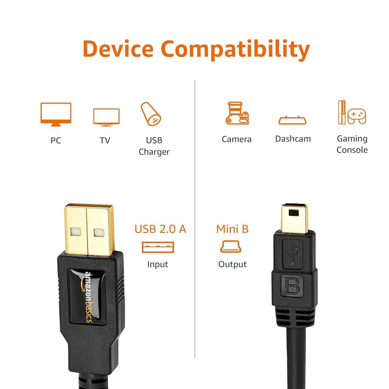 USB-A to Mini USB 2.0 Cable - 480Mbps Transfer Speed, Gold-Plated Plugs | 6 Feet, Black