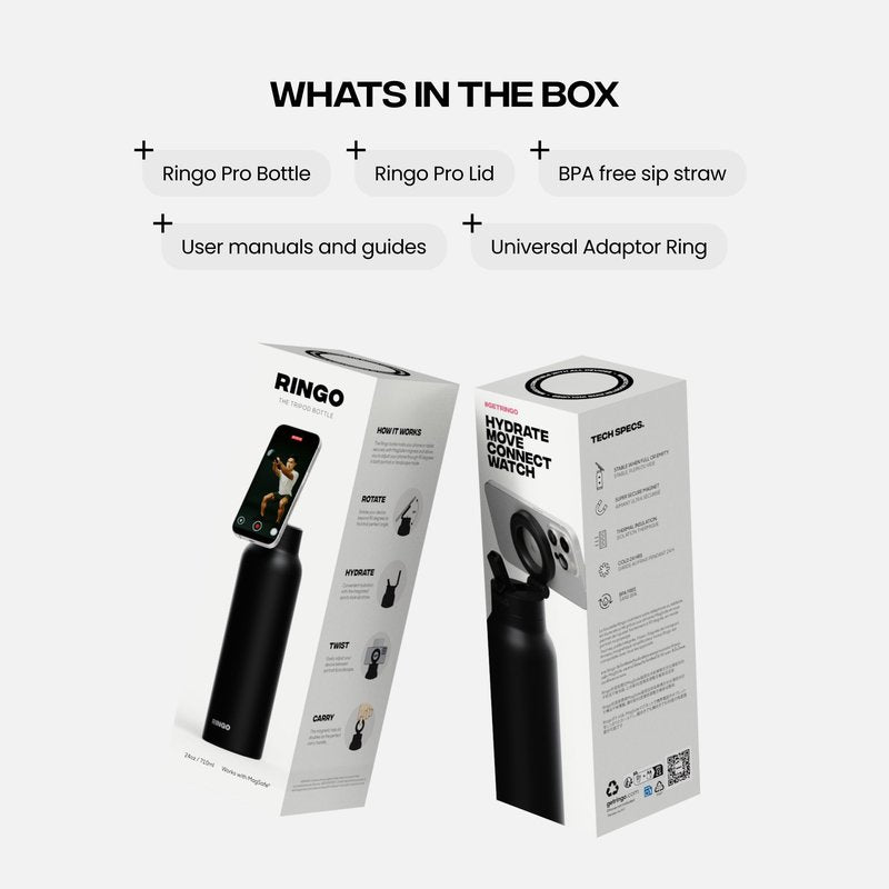 RINGO PRO Water Bottle with Magnetic Phone Mount & Sip Straw Lid - Insulated Stainless Steel Bottle for Workouts, Content Creation, Navigation & Facetime on the Go, 12Hrs Hot/24Hrs Cold Black-24oz