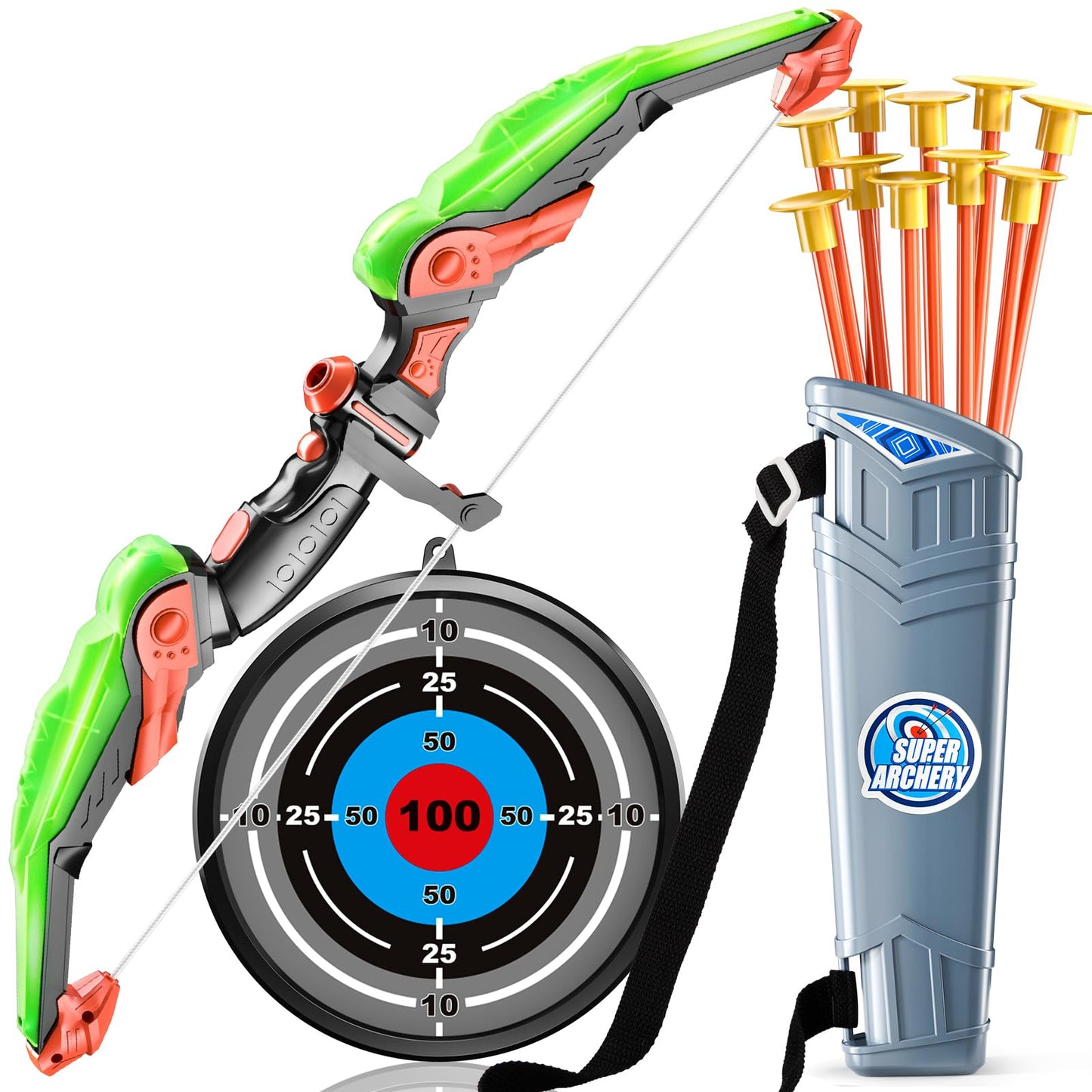 Bow and Arrow Set for Kids - LED Light Up Archery Toy Set - Includes 10 Suction Cup Arrows, Target & Quiver, Indoor & Outdoor Kids Archery Boys Toys