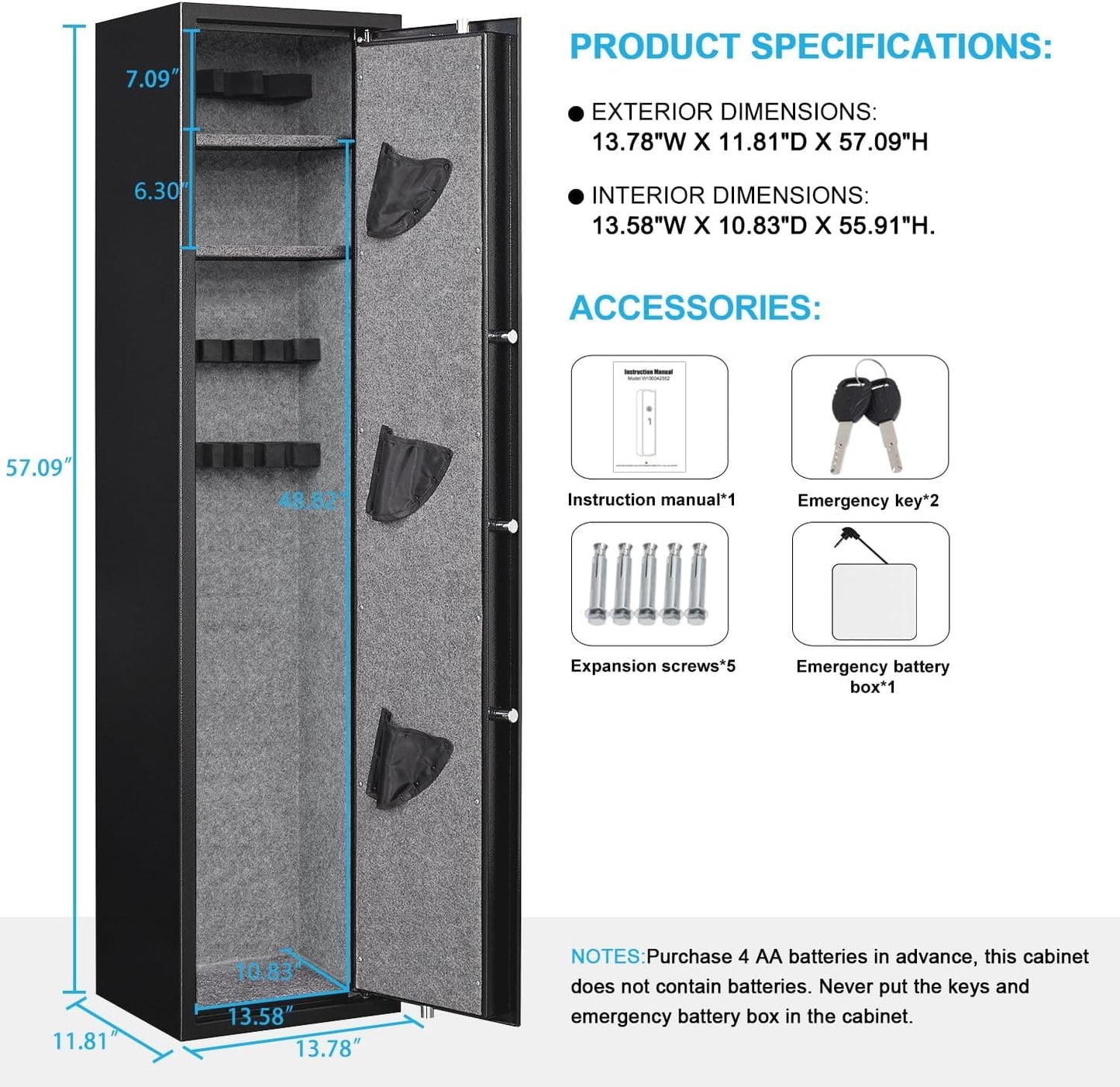 Omethey 57.09‘’ Fireproof Gun Safe, Quick Access 5 Gun Biometric Fingerprint Rifle Gun Safe, Gun Safe for Home Rifle and Pistols with LCD Screen Keypad and Silent Mode